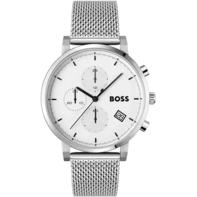 Hugo Boss Watch Men White Dial Metal Stainless Silver Mesh Strap Quartz Battery Analog Chronograph Skymaster 1513933