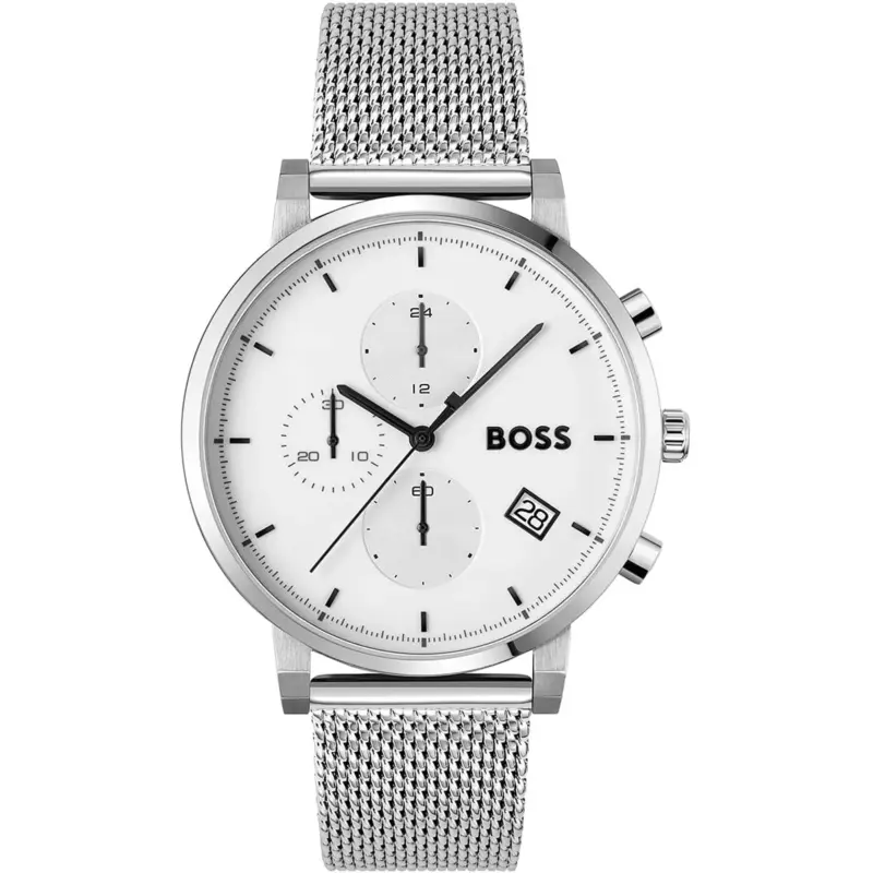 Hugo Boss Watch Men White Dial Metal Stainless Silver Mesh Strap Quartz Battery Analog Chronograph Skymaster 1513933
