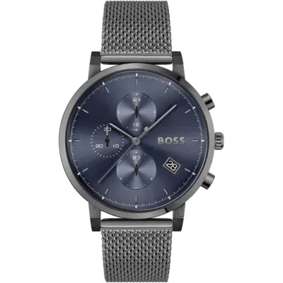 Hugo Boss Watch Men Blue Dial Metal Stainless Gray Mesh Strap Quartz Battery Analog Chronograph Skymaster 1513934