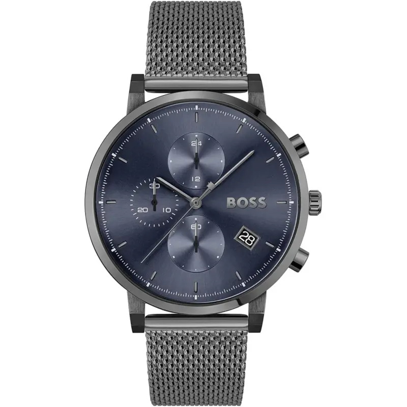 Hugo Boss Watch Men Blue Dial Metal Stainless Gray Mesh Strap Quartz Battery Analog Chronograph Skymaster 1513934