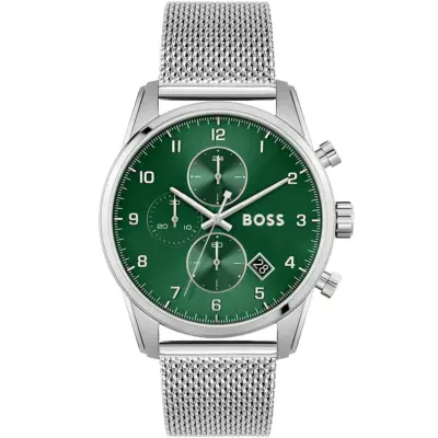 Hugo Boss Watch Men Green Dial Metal Stainless Silver Mesh Strap Quartz Battery Analog Chronograph Skymaster 1513938