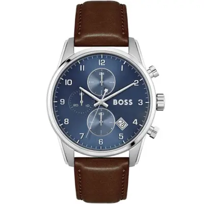 Hugo Boss Watch Men Blue Dial Leather Brown Strap Quartz Battery Analog Chronograph Skymaster 1513940