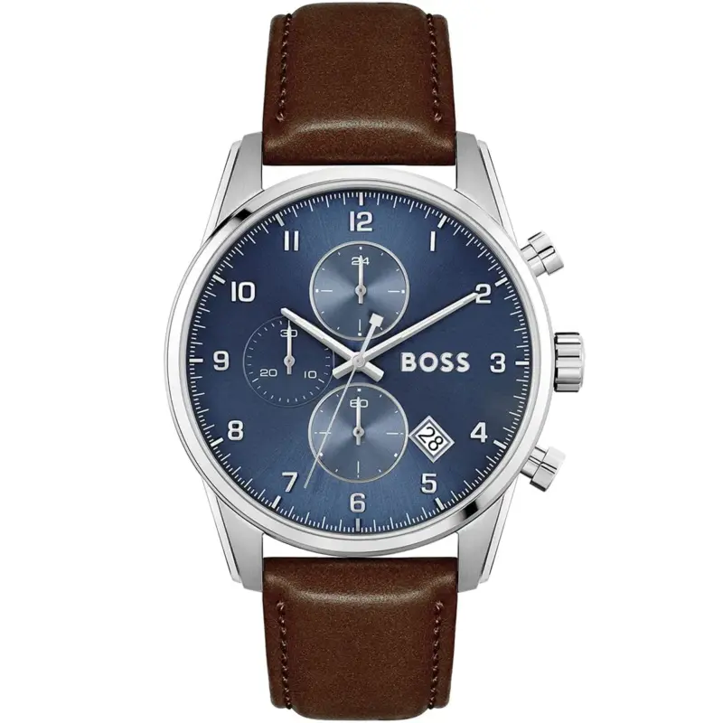 Hugo Boss Watch Men Blue Dial Leather Brown Strap Quartz Battery Analog Chronograph Skymaster 1513940