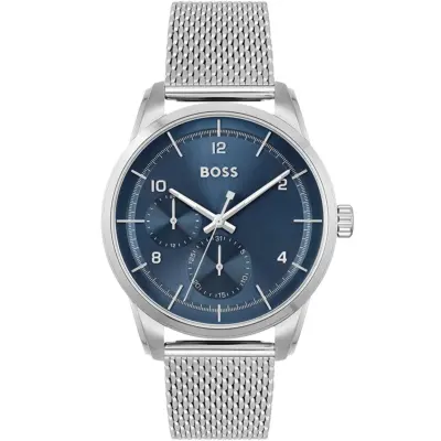 Hugo Boss Watch Men Blue Dial Metal Stainless Silver Mesh Strap Quartz Battery Analog Three Hand Sophio 1513942