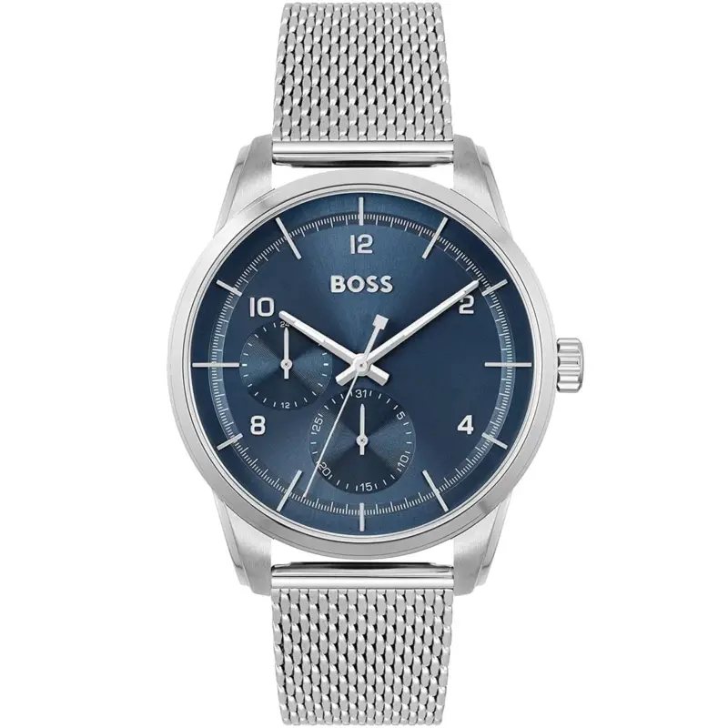 Hugo Boss Watch Men Blue Dial Metal Stainless Silver Mesh Strap Quartz Battery Analog Three Hand Sophio 1513942