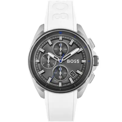 Hugo Boss Watch Men Gray Dial Rubber White Strap Quartz Battery Analog Chronograph Water Resistant 5bar 50m Volane 1513948