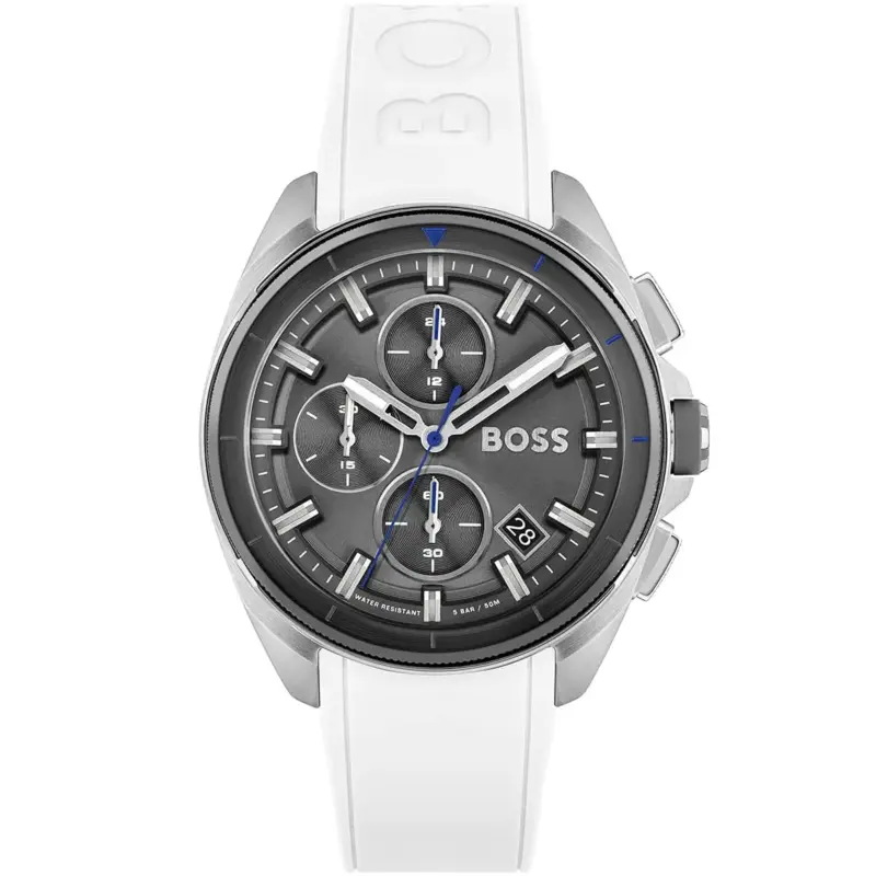 Hugo Boss Watch Men Gray Dial Rubber White Strap Quartz Battery Analog Chronograph Water Resistant 5bar 50m Volane 1513948