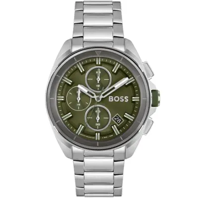 Hugo Boss Watch Men Green Dial Metal Stainless Steel Silver Strap Quartz Battery Analog Chronograph Volane 1513951