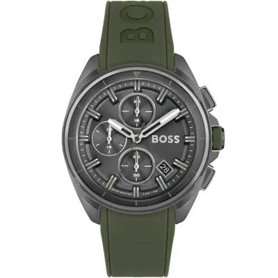 Hugo Boss Watch Men Gray Dial Rubber Green Strap Quartz Battery Analog Chronograph Water Resistant 5bar 50m Volane 1513952