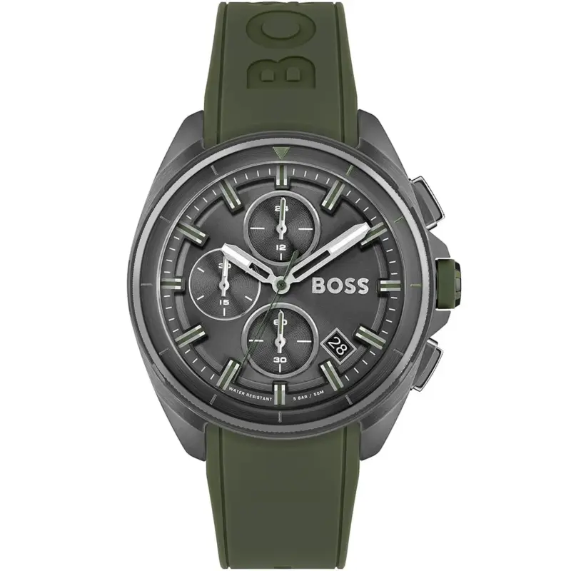 Hugo Boss Watch Men Gray Dial Rubber Green Strap Quartz Battery Analog Chronograph Water Resistant 5bar 50m Volane 1513952