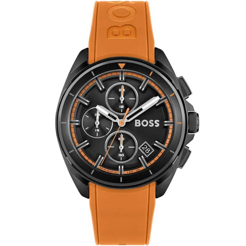 Hugo Boss Watch Men Black Dial Rubber Orange Strap Quartz Battery Analog Chronograph Volane 1513957