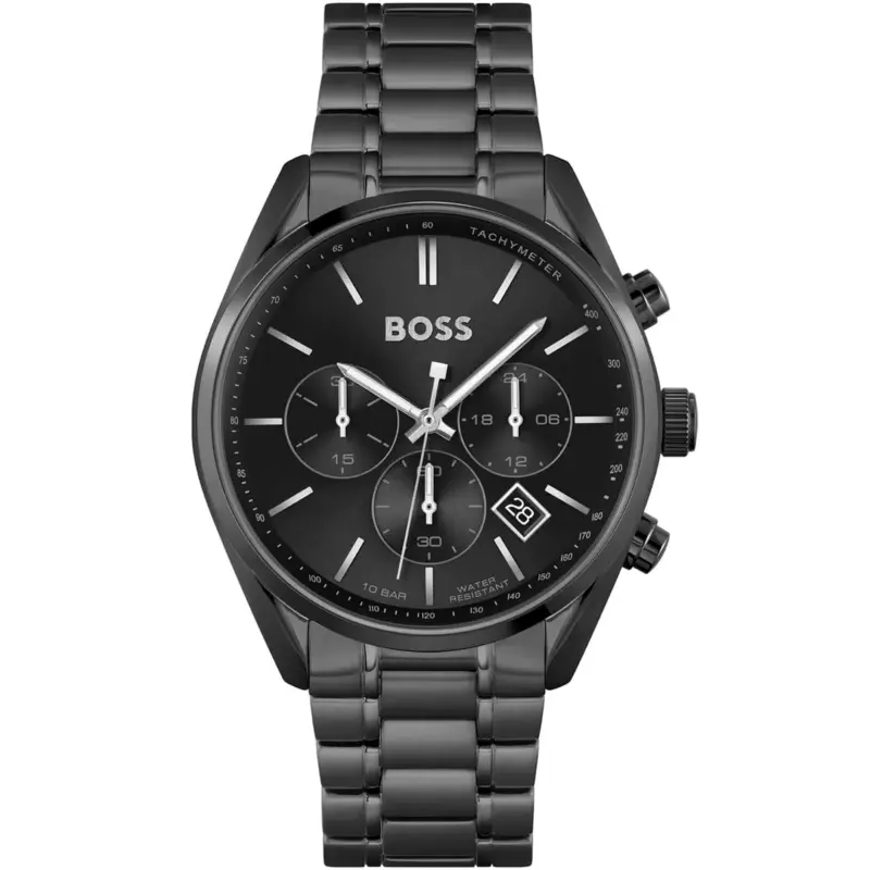 Hugo Boss Watch Men Black Dial Metal Stainless Strap Quartz Battery Analog Chronograph Champion 1513960