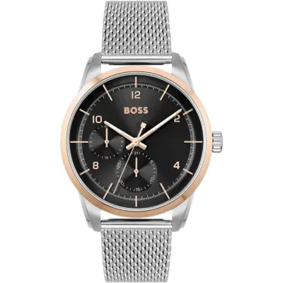Hugo Boss Watch Men Black Dial Metal Stainless Silver Mesh Strap Quartz Battery Analog Three Hand Sophio 1513961