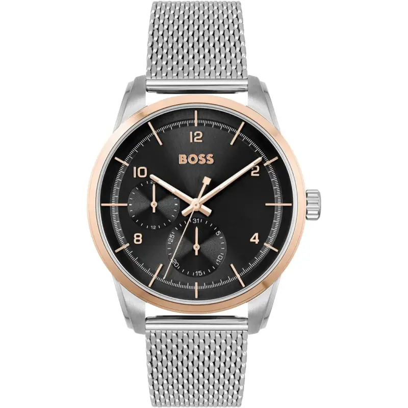 Hugo Boss Watch Men Black Dial Metal Stainless Silver Mesh Strap Quartz Battery Analog Three Hand Sophio 1513961