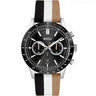 Hugo Boss Watch Men Black Dial Fibers Multicolored Textile Over Leather Strap Quartz Battery Analog Chronograph Allure 1513963