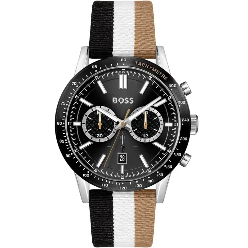 Hugo Boss Watch Men Black Dial Fibers Multicolored Textile Over Leather Strap Quartz Battery Analog Chronograph Allure 1513963