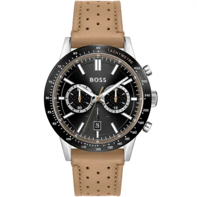 Hugo Boss Watch Men Black Dial Leather Beige Strap Quartz Battery Analog Chronograph Allure 1513964