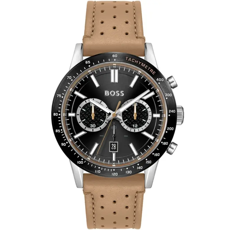 Hugo Boss Watch Men Black Dial Leather Beige Strap Quartz Battery Analog Chronograph Allure 1513964