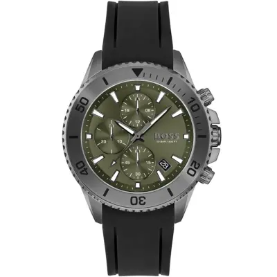 Hugo Boss Watch 10bar 330ft Men Green Dial Rubber Black Strap Quartz Battery Analog Chronograph Admiral 1513967