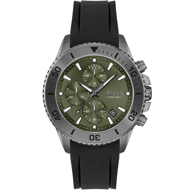 Hugo Boss Watch 10bar 330ft Men Green Dial Rubber Black Strap Quartz Battery Analog Chronograph Admiral 1513967