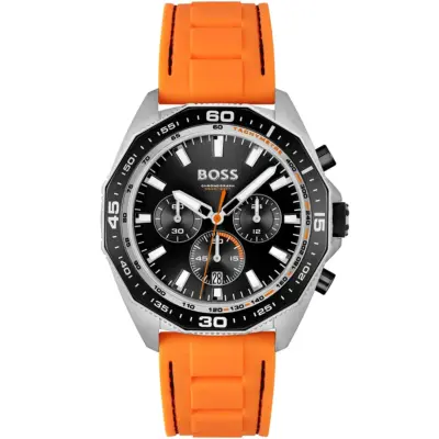 Hugo Boss Watch Chronograph 5bar 165ft Men Black Dial Rubber Orange Strap Quartz Battery Analog Energy 1513970
