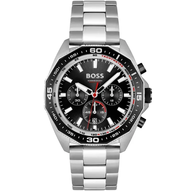 Hugo Boss Watch Chronograph 5bar 165ft Men Black Dial Metal Stainless Silver Strap Quartz Battery Analog Energy 1513971