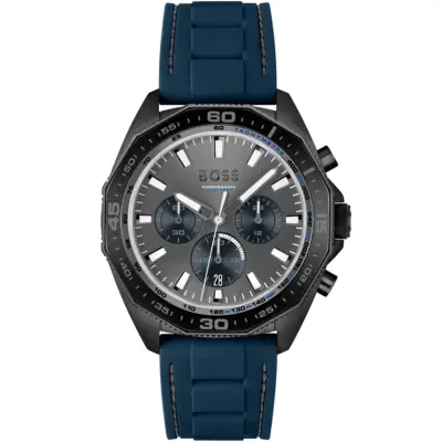 Hugo Boss Watch Chronograph 5bar 165ft Men Gray Dial Rubber Blue Strap Quartz Battery Analog Energy 1513972
