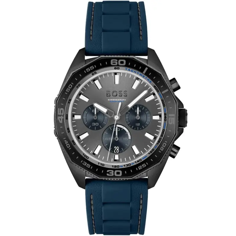 Hugo Boss Watch Chronograph 5bar 165ft Men Gray Dial Rubber Blue Strap Quartz Battery Analog Energy 1513972