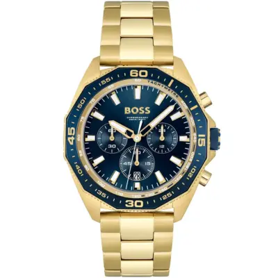 Hugo Boss Watch Chronograph 5bar 165ft Men Blue Dial Metal Stainless Gold Strap Quartz Battery Analog Energy 1513973