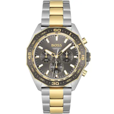 Hugo Boss Watch Chronograph 5bar 165ft Men Gray Dial Metal Stainless Silver Gold Strap Quartz Battery Analog Energy 1513974
