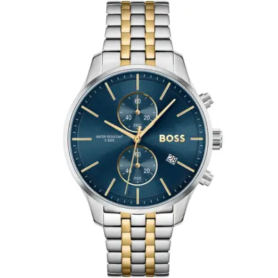 Hugo Boss Watch Water Resistant 5bar Men Blue Dial Metal Stainless Silver Gold Strap Quartz Battery Analog Chronograph Associate 1513976