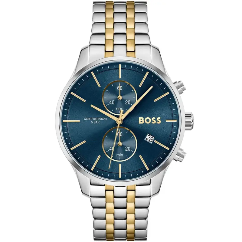 Hugo Boss Watch Water Resistant 5bar Men Blue Dial Metal Stainless Silver Gold Strap Quartz Battery Analog Chronograph Associate 1513976