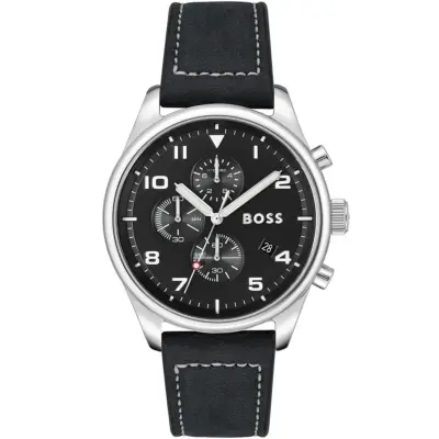 Hugo Boss Watch Men Black Dial Leather Strap Quartz Battery Analog Chronograph View 1513987