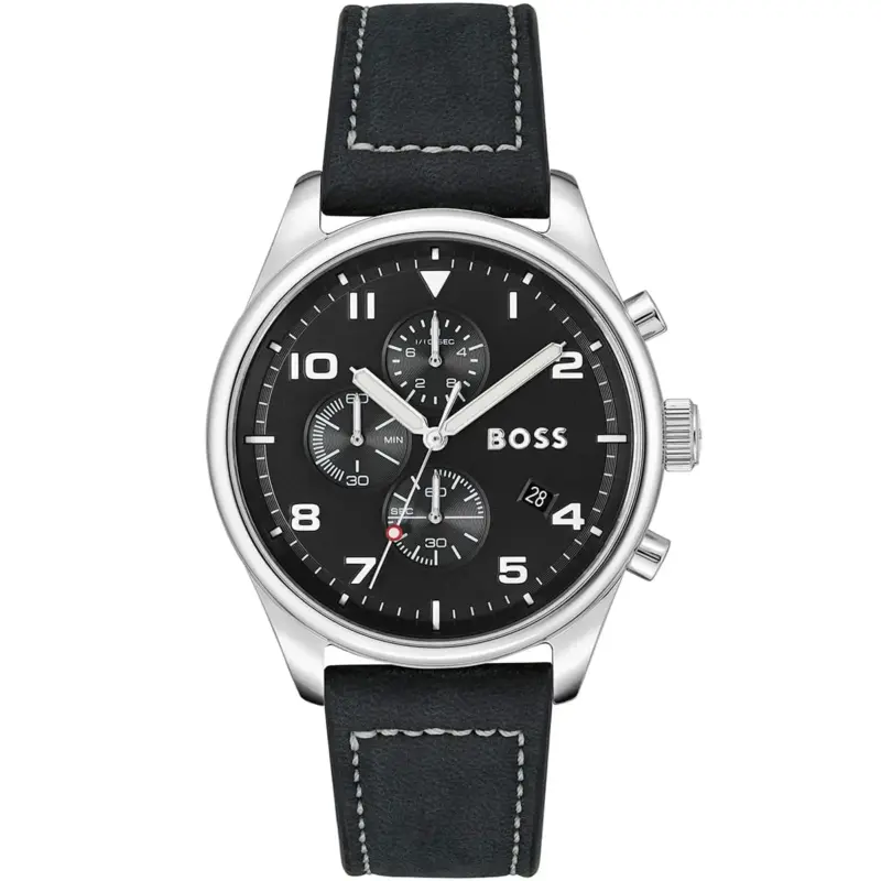 Hugo Boss Watch Men Black Dial Leather Strap Quartz Battery Analog Chronograph View 1513987