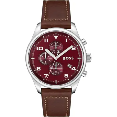 Hugo Boss Watch Men Red Dial Leather Brown Strap Quartz Battery Analog Chronograph View 1513988