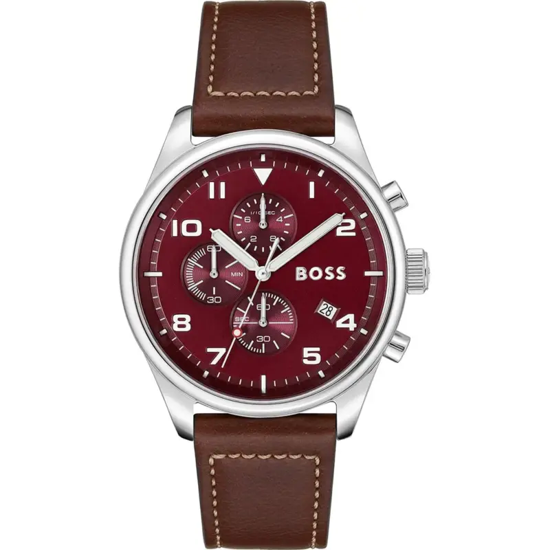 Hugo Boss Watch Men Red Dial Leather Brown Strap Quartz Battery Analog Chronograph View 1513988