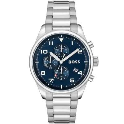 Hugo Boss Watch Men Blue Dial Metal Stainless Silver Strap Quartz Battery Analog Chronograph View 1513989