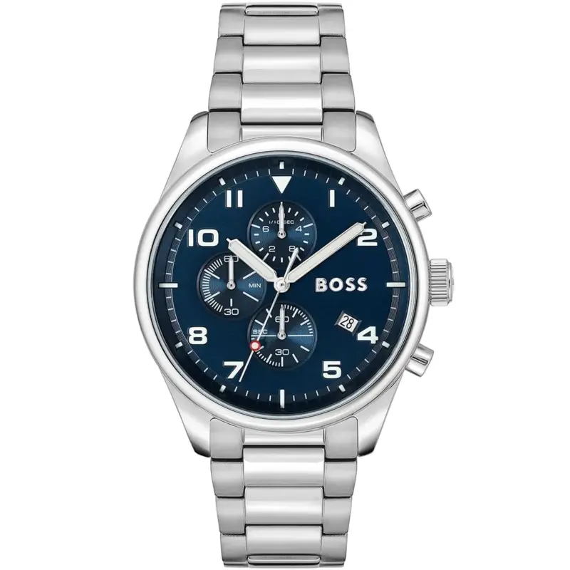 Hugo Boss Watch Men Blue Dial Metal Stainless Silver Strap Quartz Battery Analog Chronograph View 1513989