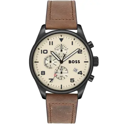 Hugo Boss Watch Men Beige Dial Leather Brown Strap Quartz Battery Analog Chronograph View 1513990