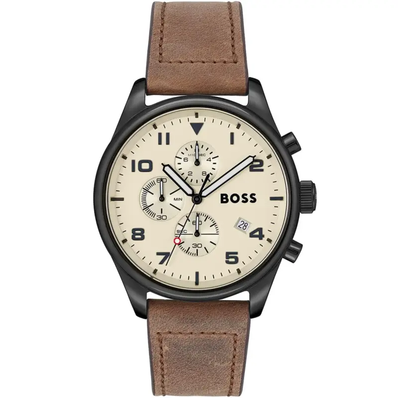 Hugo Boss Watch Men Beige Dial Leather Brown Strap Quartz Battery Analog Chronograph View 1513990