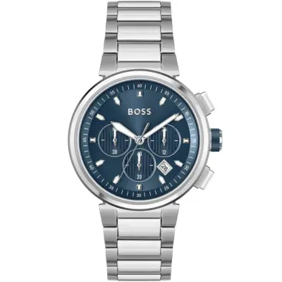 Hugo Boss Watch Men Blue Dial Metal Stainless Silver Strap Quartz Battery Analog Chronograph One 1513999