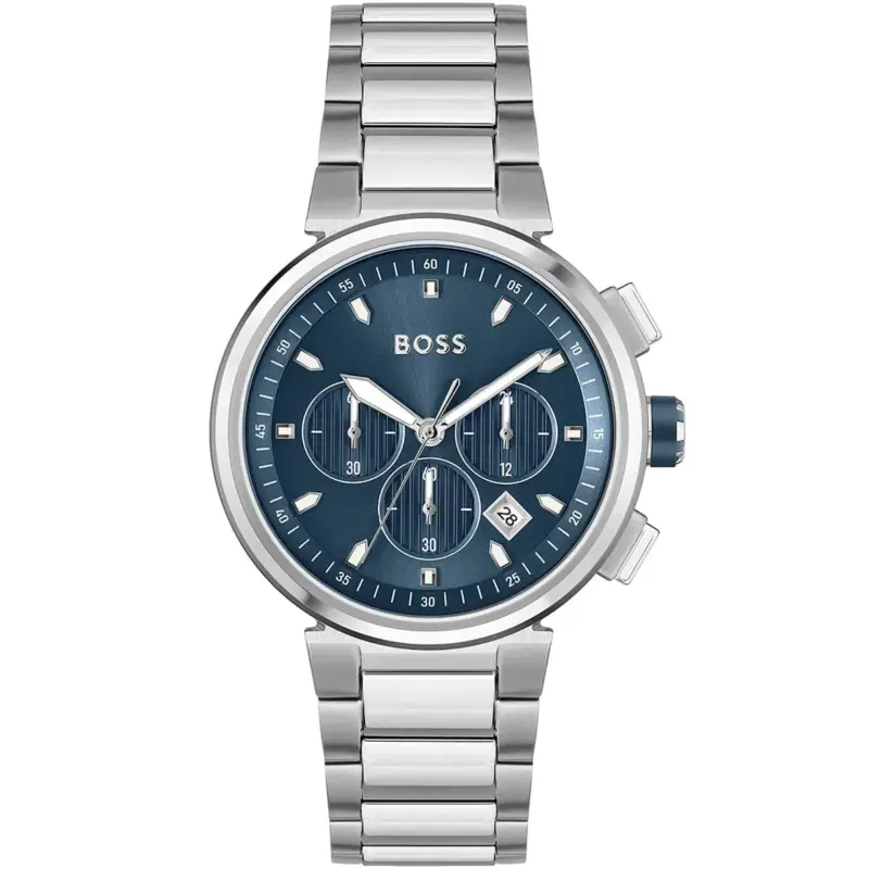 Hugo Boss Watch Men Blue Dial Metal Stainless Silver Strap Quartz Battery Analog Chronograph One 1513999