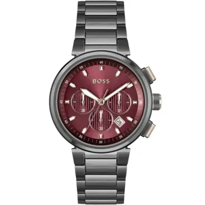 Hugo Boss Watch Men Red Dial Metal Stainless Gray Strap Quartz Battery Analog Chronograph One 1514000