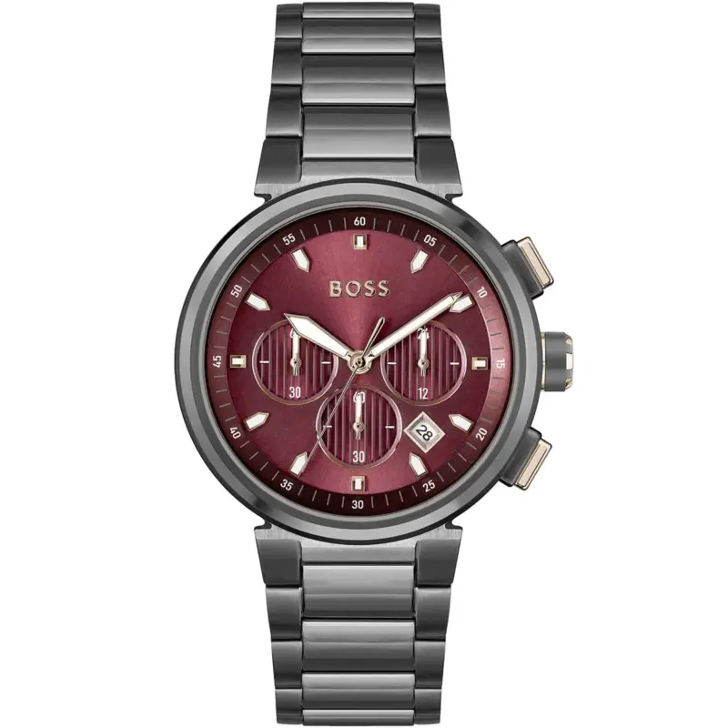 Hugo Boss Watch Men Red Dial Metal Stainless Gray Strap Quartz Battery Analog Chronograph One 1514000