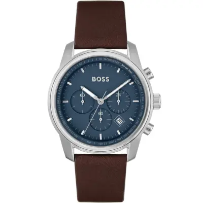 Hugo Boss Watch Men Blue Dial Leather Brown Strap Quartz Battery Analog Chronograph Trace 1514002
