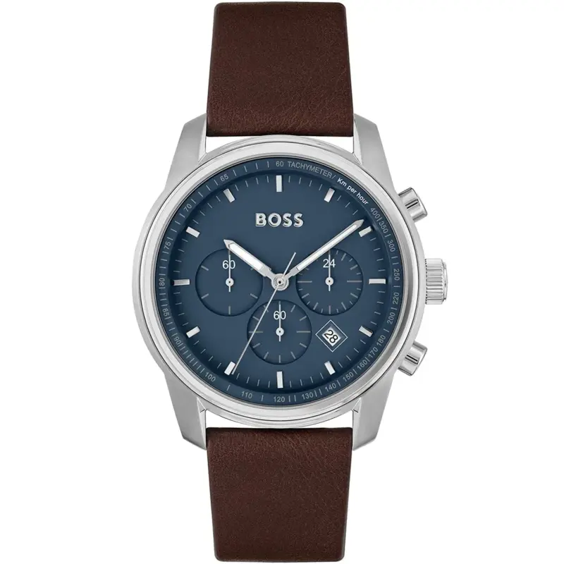Hugo Boss Watch Men Blue Dial Leather Brown Strap Quartz Battery Analog Chronograph Trace 1514002