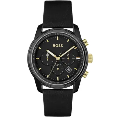 Hugo Boss Watch Men Black Dial Leather Strap Quartz Battery Analog Chronograph Trace 1514003