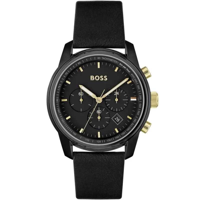 Hugo Boss Watch Men Black Dial Leather Strap Quartz Battery Analog Chronograph Trace 1514003