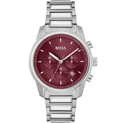 Hugo Boss Watch Men Red Dial Metal Stainless Silver Strap Quartz Battery Analog Chronograph Trace 1514004