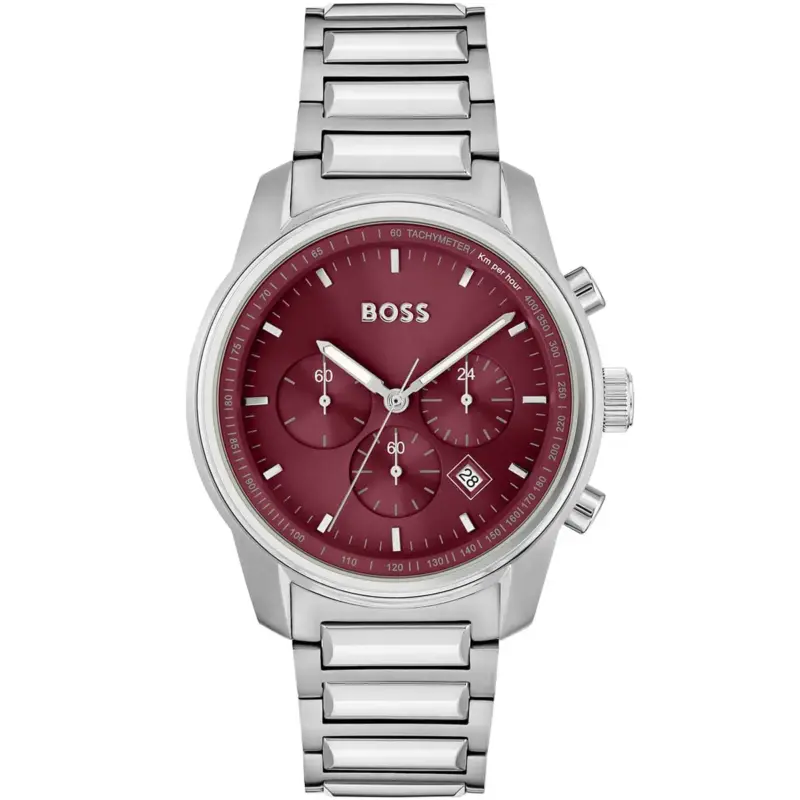 Hugo Boss Watch Men Red Dial Metal Stainless Silver Strap Quartz Battery Analog Chronograph Trace 1514004